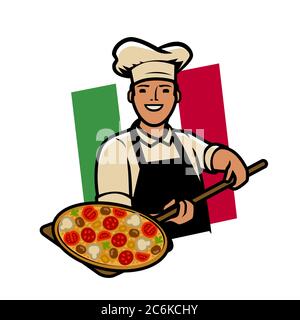 Italian pizza logo or label. Happy cook vector illustration Stock Vector