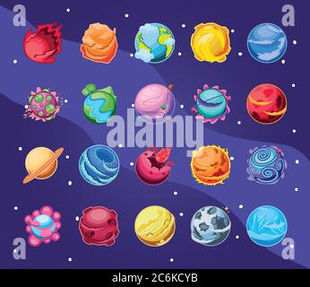 fantastic planets set of icons vector illustration design Stock Vector