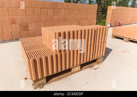 Construction of a small family house. House construction site. Brick wall on a construction site. A new house. Stock Photo
