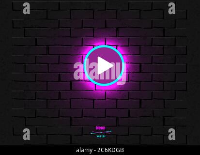 Neon play video sign in a dark room with brick vector wall. Contains mesh Stock Vector