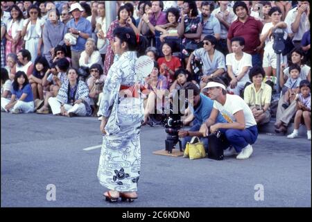 Ray Manzarek of The Doors filming video for L.A. Woman in downtown Los Angeles,circa 1984 Stock Photo