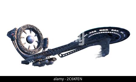 Futuristic spaceship with a power source wheel structure, with the clipping path included in the 3D illustration, for science fiction architecture or Stock Photo