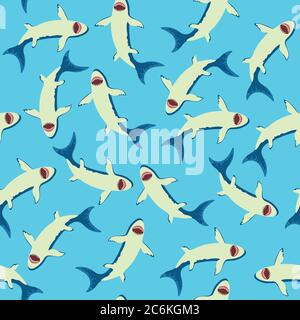 Seamless pattern with cute little cartoon sharks. Vector illustration. Stock Vector