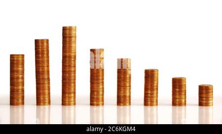 Stacks of old golden coins arranged as a chart on white background. Stock Photo