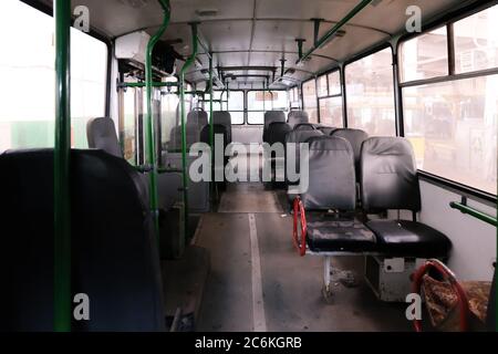 Old Russian bus or trolleybus cabin interior Stock Photo