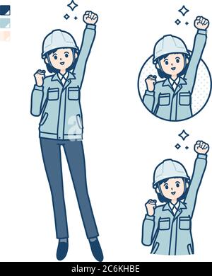 A woman wearing workwear with fist pump images. It's vector art so it's easy to edit. Stock Vector