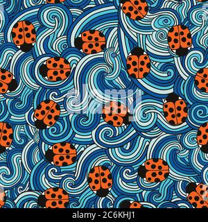 Seamless pattern with cute ladybugs and curly abstract line elements. Vector illustration. Stock Vector