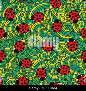 Seamless pattern with cute ladybugs and curly abstract line elements. Vector illustration. Stock Vector