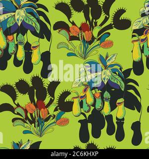 Seamless pattern with carnivores plants. Vector illustration. Stock Vector