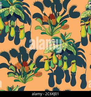 Seamless pattern with carnivores plants. Vector illustration. Stock Vector
