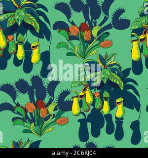 Seamless pattern with carnivores plants. Vector illustration. Stock Vector