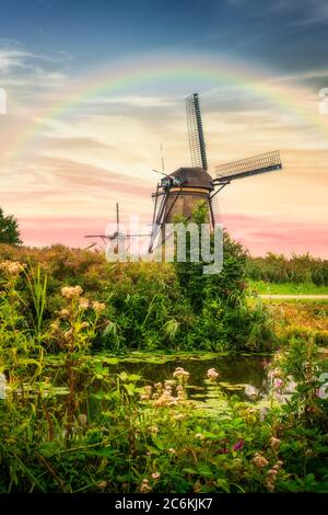 Beautiful Dutch windmills and landscape under dramatic sunset sky and rainbow Stock Photo