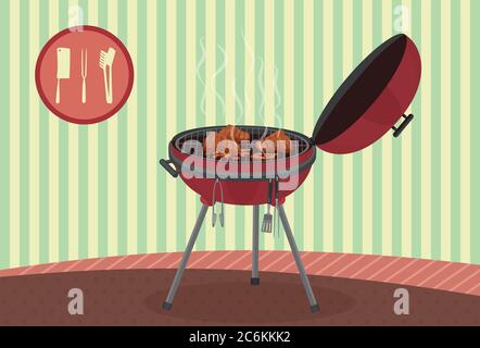 Kettle barbecue grill on vintage background. Picnic camping cooking. BBQ party banner Stock Vector