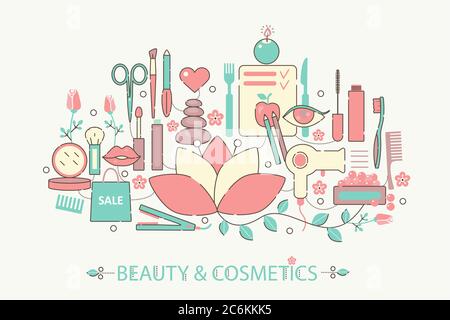 Modern graphic flat line design style infographics concept of Beauty and cosmetics with icons, for website, presentation and poster Stock Vector