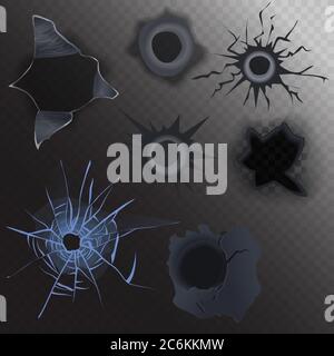 bullet hole in glass and metal set on alpha transperant background. Realistic gunshot Stock Vector