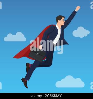 Superhero super successful businessman flying in the sky . Success growth business concept Stock Vector