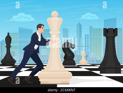 Businessman on the chess board. Man chess player moving figure on chessboard with the modern city background. Business strategy concept Stock Vector