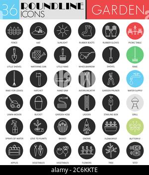 Vector Garden tools circle white black icon set. Modern line black icon design for web Stock Vector