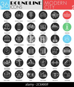 Vector city citylife circle white black icon set. Modern line black icon design for web Stock Vector