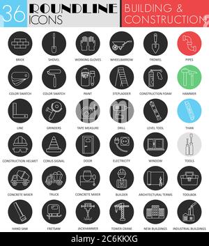 Vector building and construction circle white black icon set. Modern line black icon design for web Stock Vector