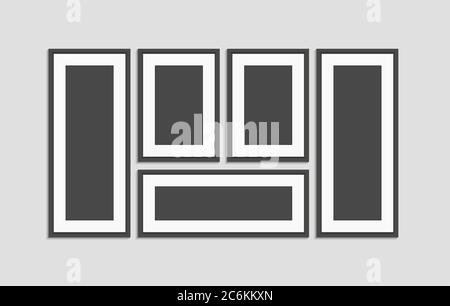 Realistic modern wall black picture frame vector set. Pictures template Stock Vector