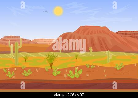 Seamless cartoon prairie desert Grand canyon landscape with rocks, cactuses, mountains and tree Stock Vector