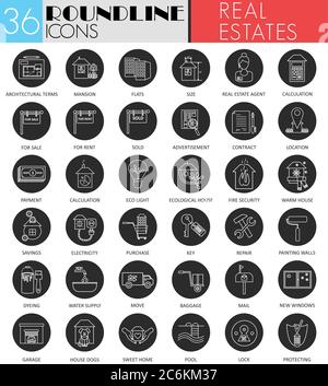 Vector Real estates circle white black icon set. Modern line black icon design for web Stock Vector