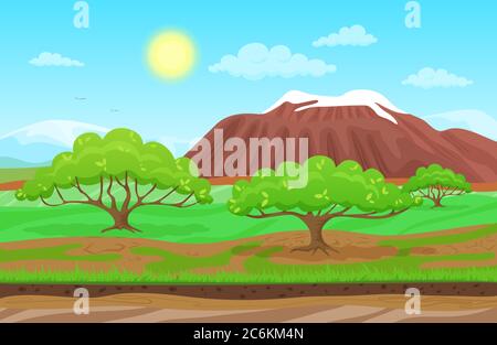 Cartoon nature spring summer landscape in sun day with grass, trees, cloudy sky and mountains hills. Vector Colorful game style illustration. Background for games Stock Vector