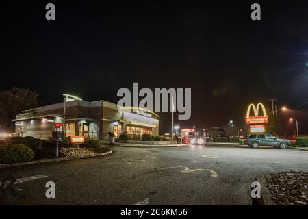 McDonald's Restaurant in Coos Bay, Oregon at night.  Stock Photo