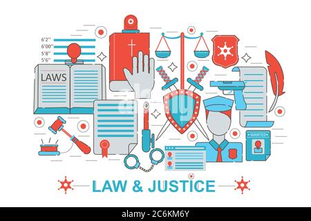 Modern Flat thin Line design Law and justice concept for web banner website, presentation, flyer and poster Stock Vector