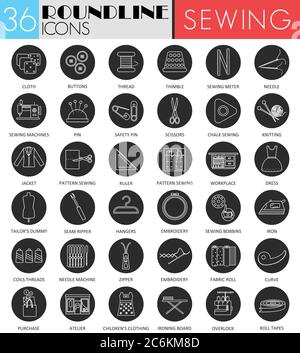 Vector Sewing circle white black icon set. Modern line black icon design for web Stock Vector