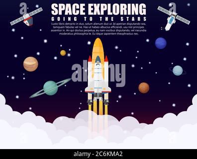 Space ship rocket launch exploring and research with realistic satellite and planets concept. Business startup. Vector illustration Stock Vector