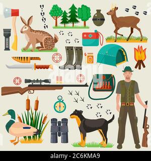 Hunter tourist man male tools and equipment stuff items set. Cartoon flat Hunting hunters icons collection Stock Vector