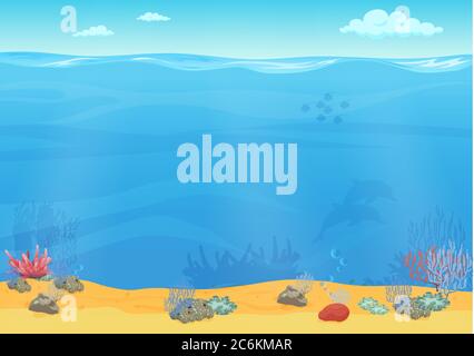 Game level underwater landscape. Cartoon treasure chest, fish shoal ...