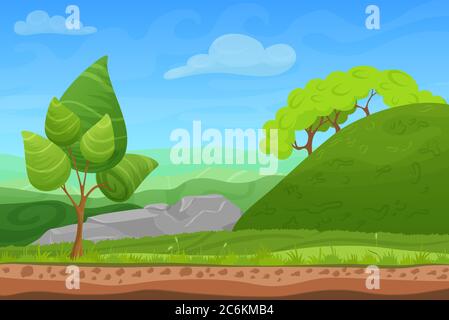 Cartoon color nature summer landscape in sun day with grass, trees, sky and mountains hills. Vector game style illustration. Background for games Stock Vector