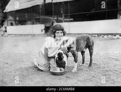 Young Girl with Dog, Kiddie Camp funded and maintained by American Red Cross, Santa Margarita Canyon, San Luis Obispo County, California, USA, American Red Cross Collection, September 1920 Stock Photo