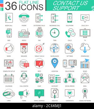 Vector Contact us support modern color flat line outline icons for apps and web design Stock Vector