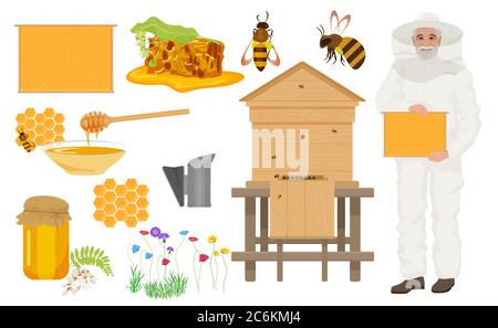 Beekeeping color icons set. Man beekeer in special uniform costume. Bee house and honey, flowers with bee, honeycomb Stock Vector