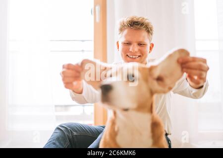 Sincerely laughing young man sitting on the floor and fooling around with his beagle dog ears. Stock Photo