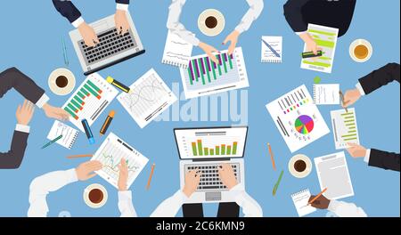 Business management teamwork discuss meeting brainstorming concept. Hands with laptop, tablet papers. Top view of Business office workspace Stock Vector