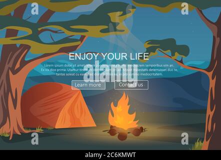 Camping, walking, hiking, outdoor night camp recreation and other sport adventures. Website header banner elements layout. Presentation, flyer and poster Stock Vector