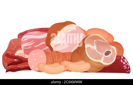 Different kinds of meat set. Pork meat, veal and ham meat, salami slices, sausage, bacon and beef. A lot of meat Stock Vector