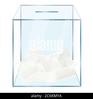 Realistic modern glass transparent ballot box with voting papers inside. Voting concept isolated Stock Vector