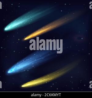 Realistic color vector meteor asteroid comet in the night sky in space. Space Cosmos galaxy background Stock Vector