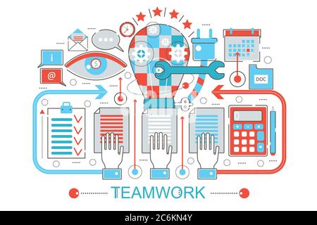 Modern Flat thin Line design Teamwork coworking concept for web banner website, presentation, flyer and poster Stock Vector