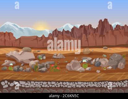 Cartoon dry stone desert landscape with cactus, mountains, rocks and sand Stock Vector