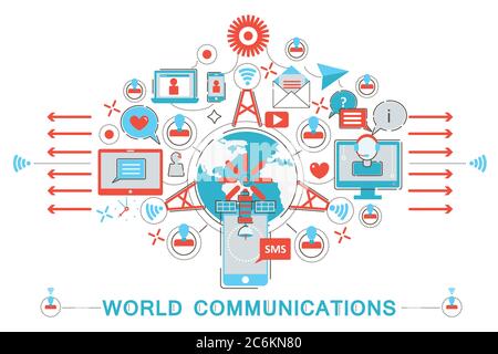 Modern Flat thin Line design World communications concept for web banner website, presentation, flyer and poster Stock Vector