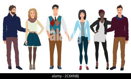 Handsome young guys with beautiful girls models couples in casual modern fashion clothes isolated. People couples Stock Vector