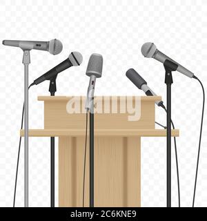 Press conference speaker podium tribune with microphones on the alpha background Stock Vector