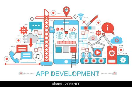 Modern Flat thin Line design App development concept for web banner website, presentation, flyer and poster Stock Vector